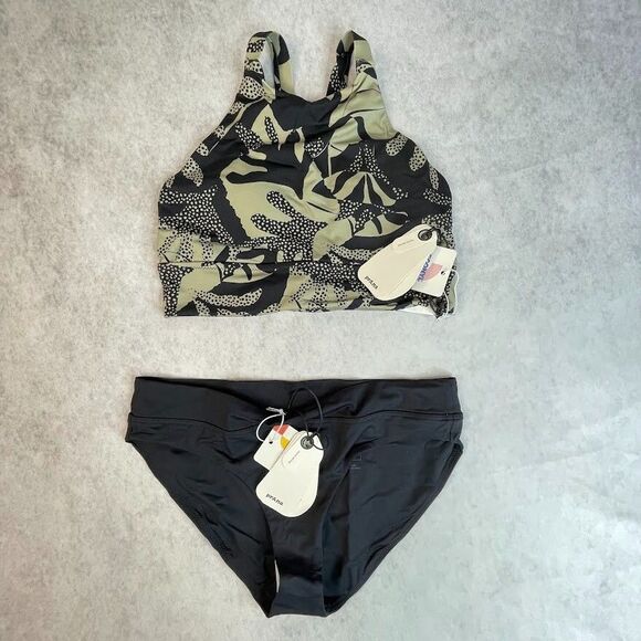 prAna Bikini Set Womens Size XS Black Green Sporty Racerback Mid Rise Bottom - Picture 1 of 16